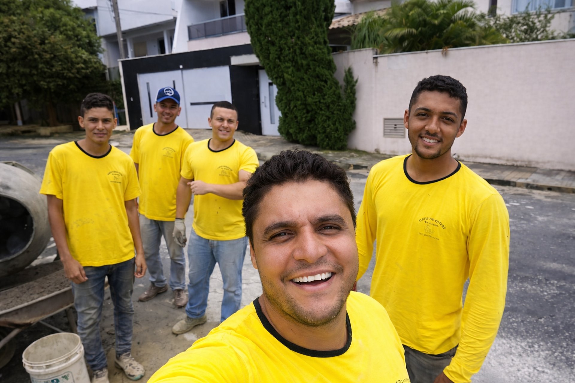 Equipe da Construtora Pará de Minas usando uniforme amarelo em uma obra